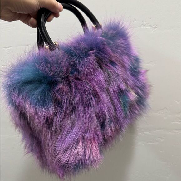 Purple Gradient Handmade Luxury Real Fox Fur Top Handles Satchel Bag/Crossbody - Picture 11 of 16